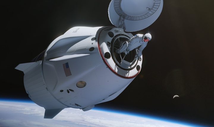 The Polaris Dawn Crew Dragon spacecraft as it will look in orbit.