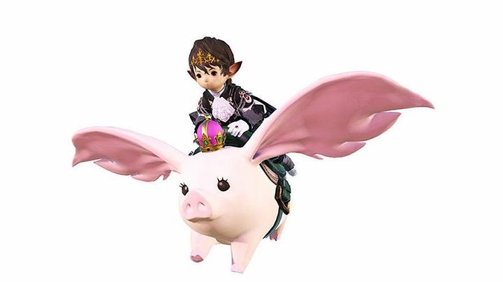 A Final Fantasy 14 character riding a pink Porxie King mount, which looks like a pig with dumbo ears.