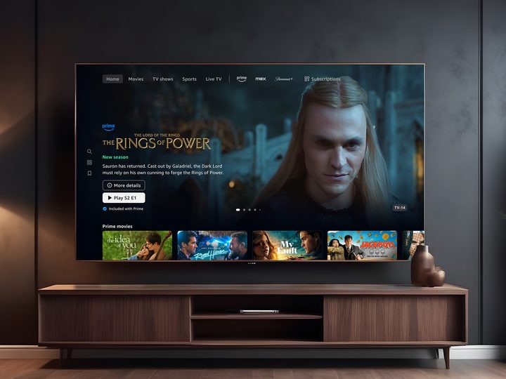 A full-screen info screen for The Rings of Power in the Amazon Prime Video app.