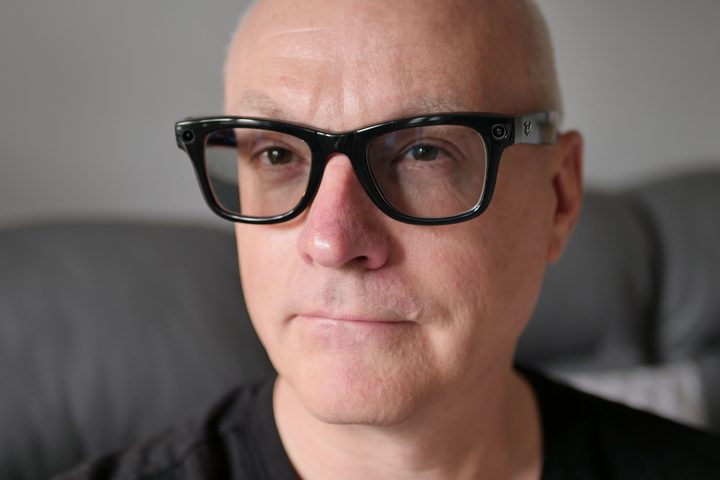 A person wearing the Ray-Ban Meta smart glasses.