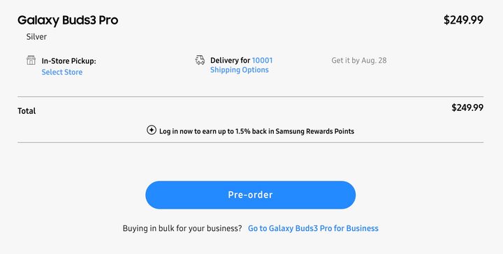 Screenshot of Samsung.com showing an August 28 delivery date for the Galaxy Buds 3 Pro.