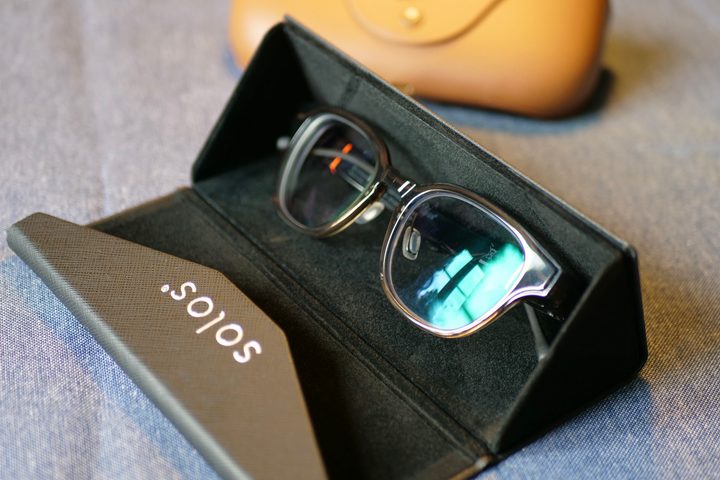 The Solos AirGo 3 smart glasses in the case.