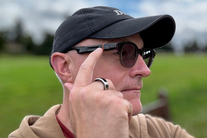 A person wearing the Solos AirGo 3 smart glasses.