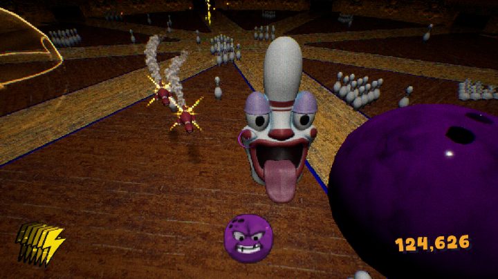 A bowler jumps towards a clown pin in Sparedevil.