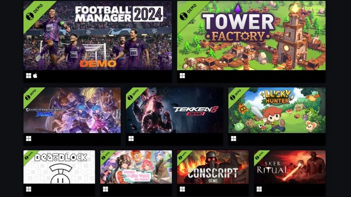 A bunch of steam demos listed on the Steam Demos page.
