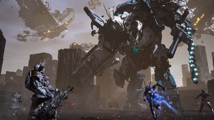 A man with a gun fights a robot in The First Descendant.