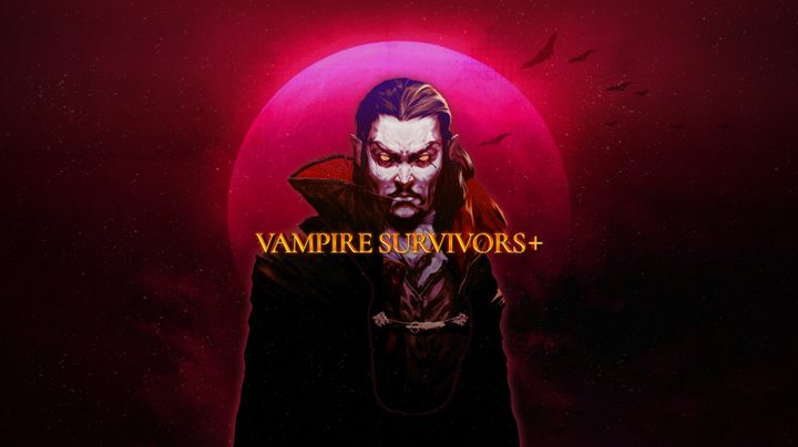The final boss in Vampire Survivors. He looks like count dracula. He's in front of a pink moon and "Vampire Survivors+" is on the front.