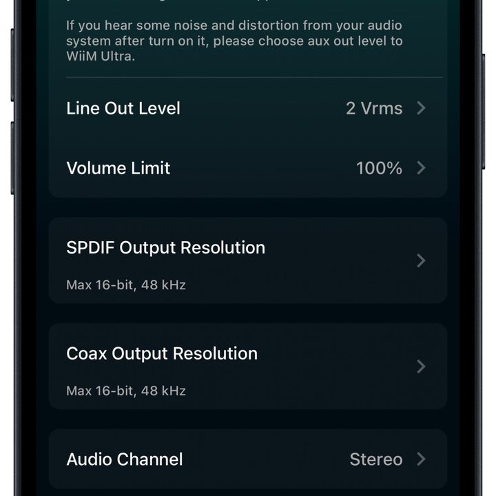 Wiim app for iOS: Audio settings.