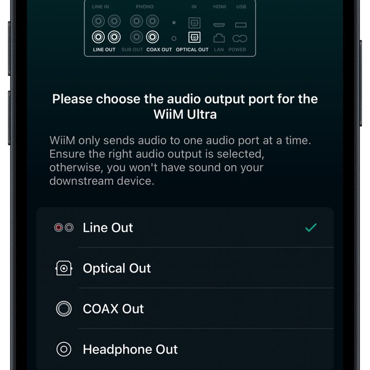 Wiim app for iOS: output selection.