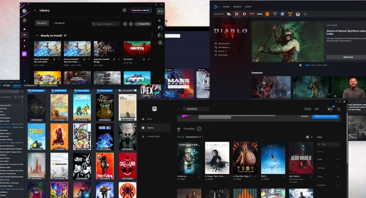 Several PC gaming apps on the Windows desktop.