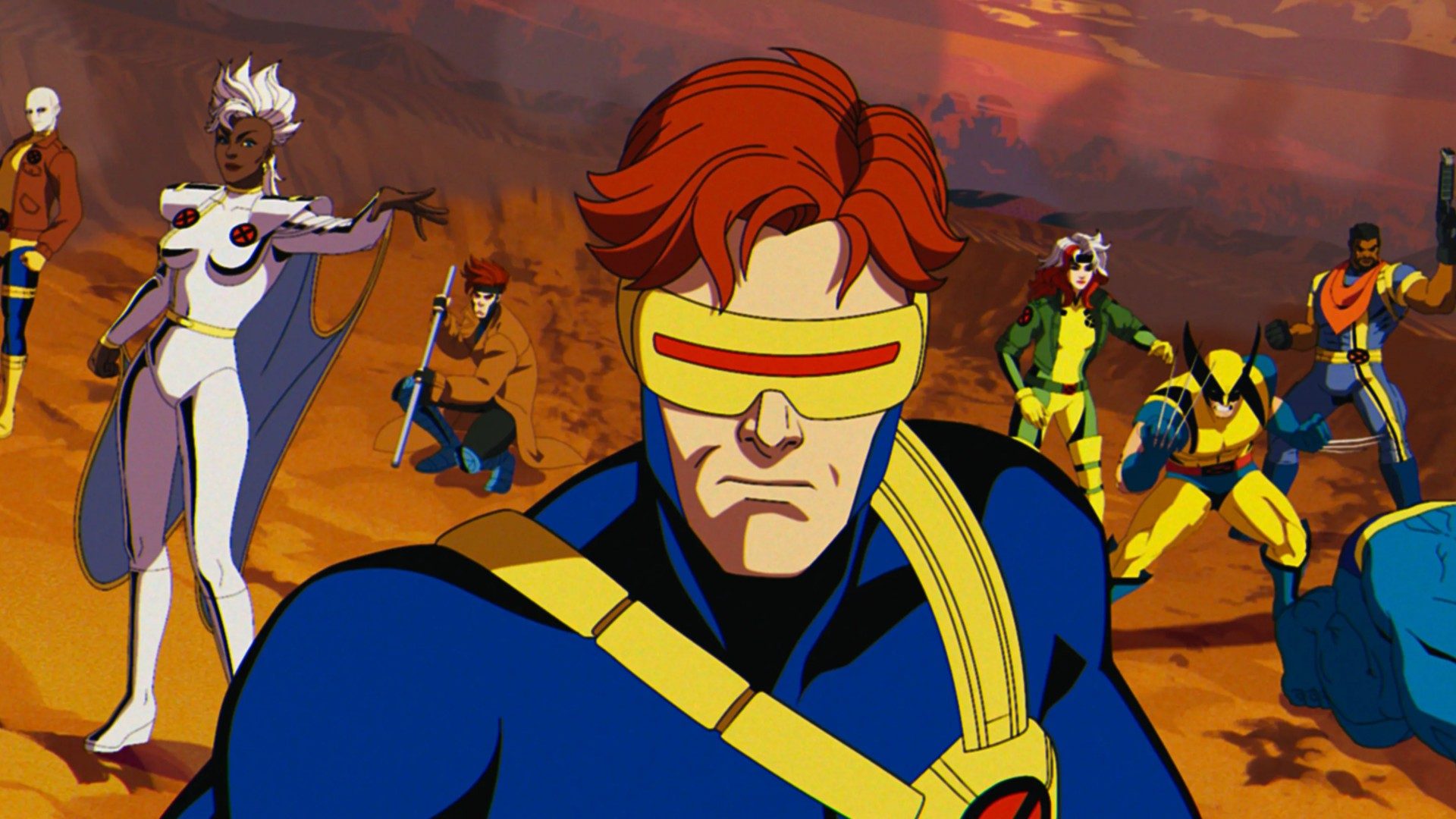 Cyclops poses in close-up with the other X-Men behind him in a still from the series X-Men '97.