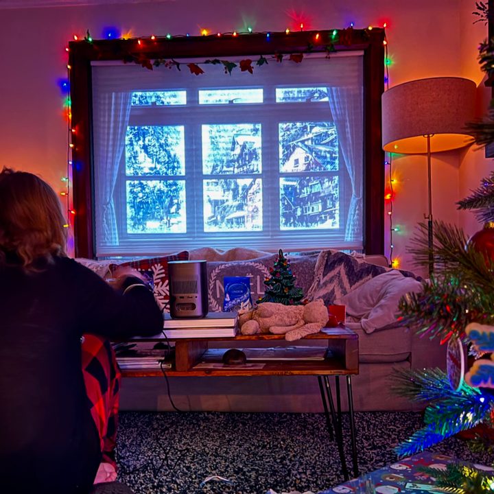 The Xgimi MoGo 2 Pro portable projector bringing the snow on a snowless Christmas Day.