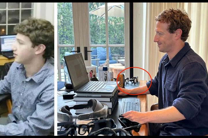 Image showing Mark Zuckerberg at a desk, next to a pair of prototype smart glasses.