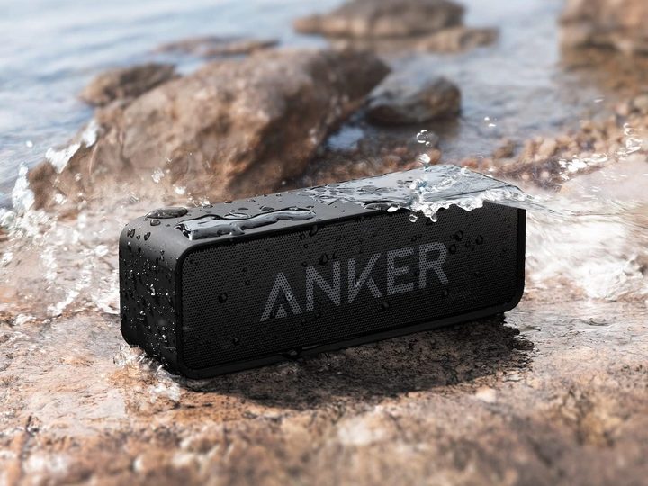 The Anker Soundcore Bluetooth speaker getting wet.