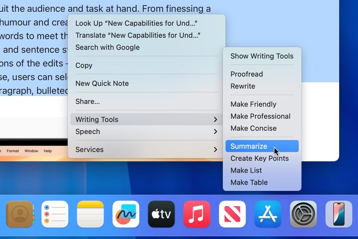 Apple Intelligence in macOS Sequoia being used to summarize a selection of text.