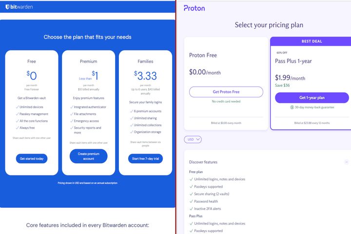 Bitwarden and Proton Pass pricing appears in a split-screen comparison.