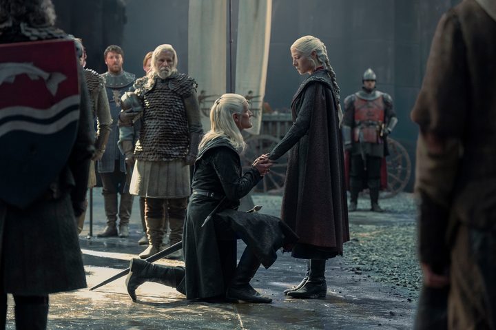Daemon Targaryen kneels in front of Rhaenyra in House of the Dragon season 2.