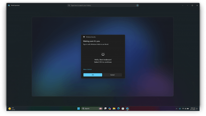 Windows Hello being used to authenticate Recall access.