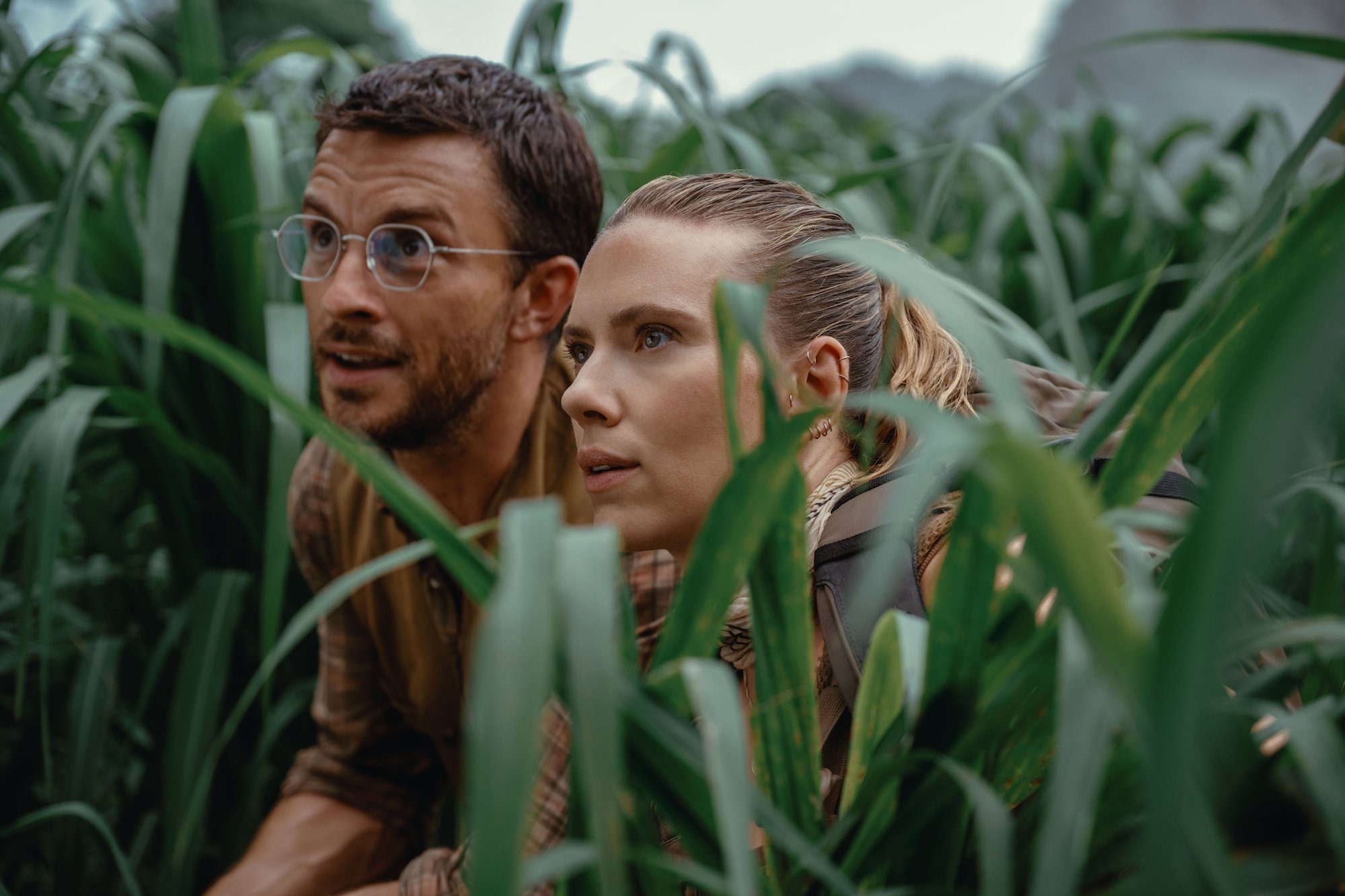 A man and woman hide in a field and stare curiously in "Jurassic World Rebirth."