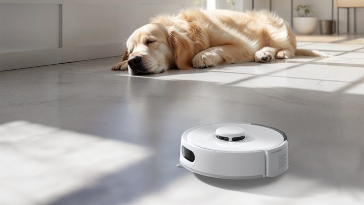 The K10+ Pro cleaning the floors near a sleeping dog.