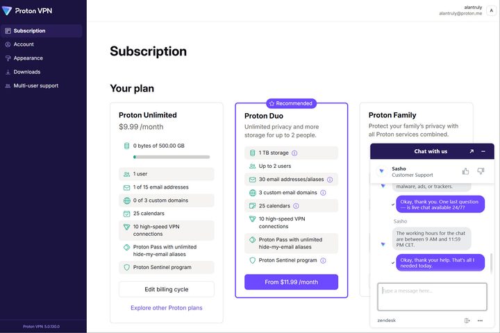 Live chat is available 15 hours a day for Proton VPN Plus subscribers.
