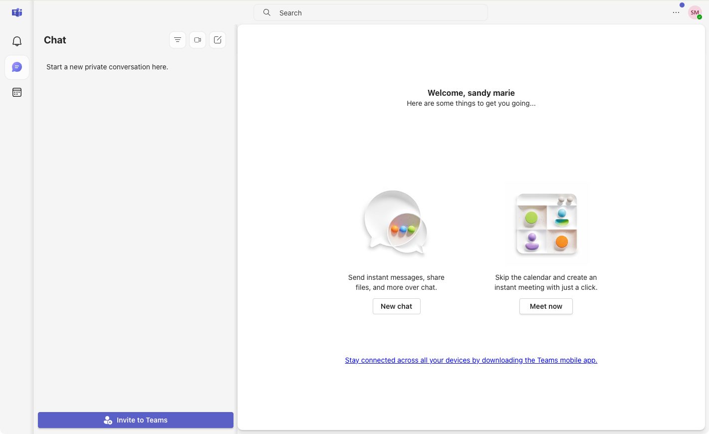 Microsoft Teams main Chat screen after signing in.