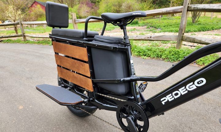 Pedego Cargo passengers have ample seating and foot rests plus a buddy bar handle.