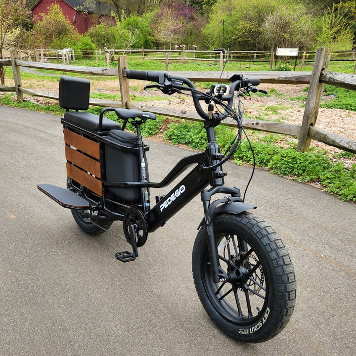 Pedego Cargo right front three-quarter view shows tire tread, storage, and passenger foot rests.
