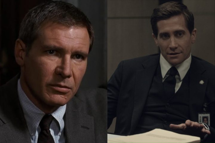 Harrison Ford stares stoically while Jake Gyllenhaal sits at a desk.
