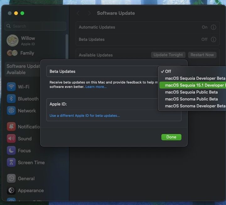Settings menu showing the option to download the Sequoia 15.1 beta