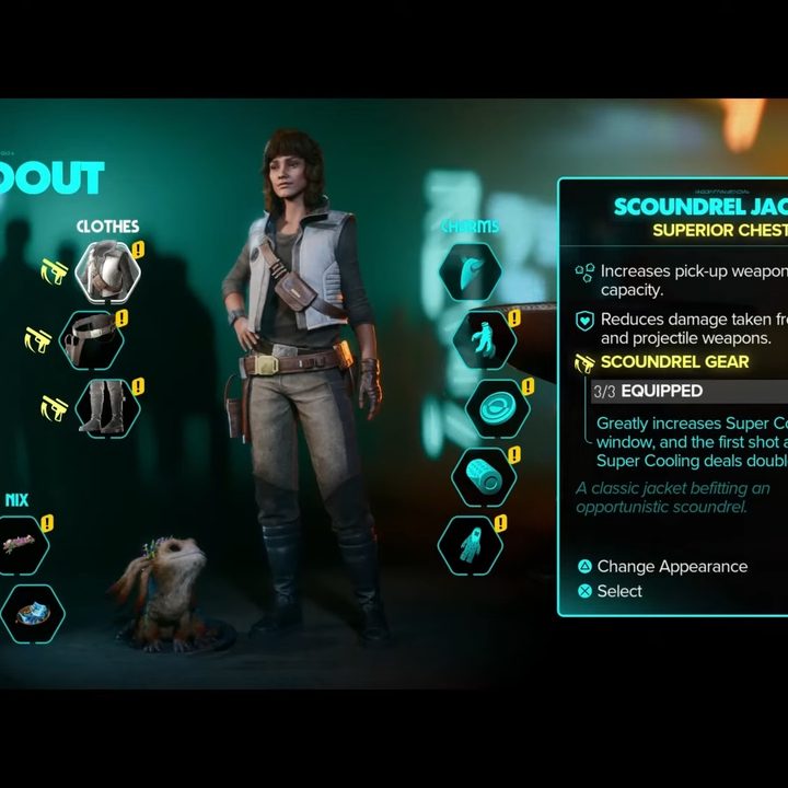 Kay wearing a scoundrel outfit in star wars.