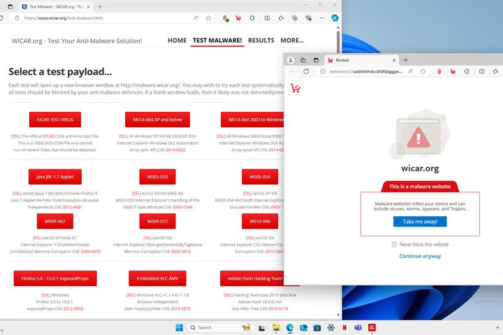 Test malware was caught by Avira Prime's browser extension, preventing the download.