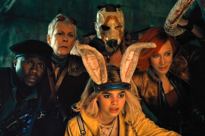 The Borderlands cast crouches and peers forward together.