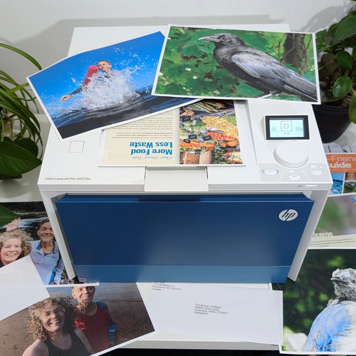 The Color LaserJet Pro 4201dw works with all my devices and prints well on a variety of media.