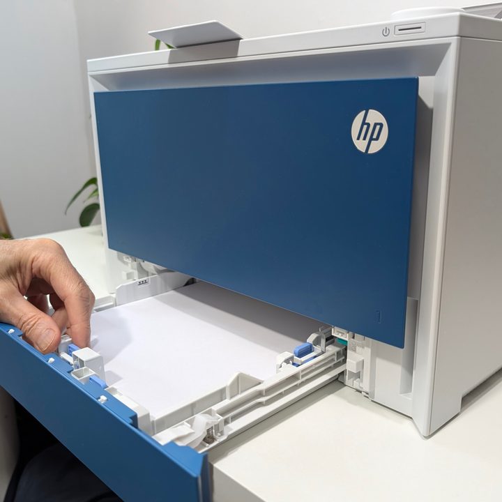 The Color LaserJet Pro 4201dw's main paper tray holds 250-sheets, and the media tray holds 50 sheets.