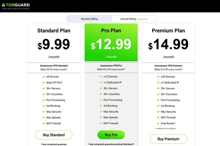 TorGuard has three basic price tiers for consumers with monthly and annual plans.