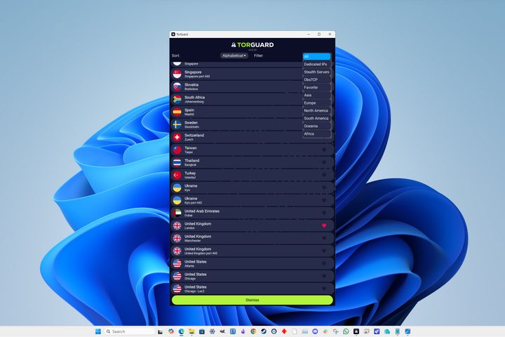 TorGuard's Windows app let me sort and filter the list of server locations.