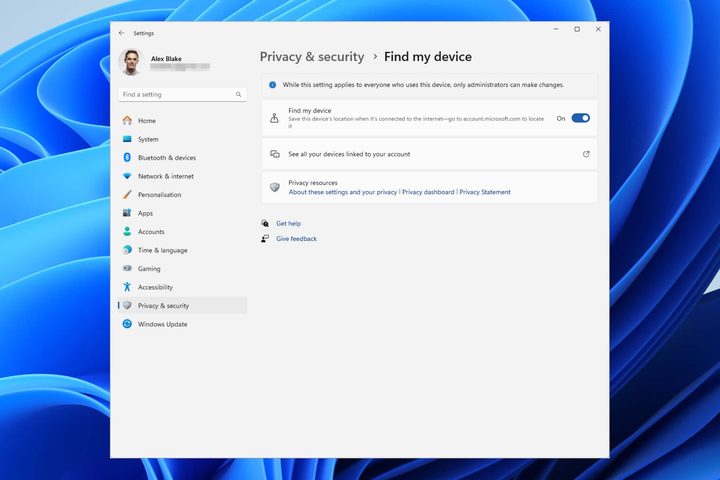 The Find my device screen in the Settings app in Windows 11.