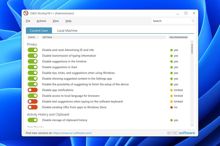 The ShutUp10++ app running in Windows 11.