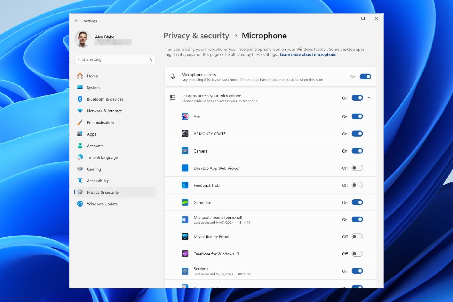 The microphone permissions screen in the Settings app in Windows 11.