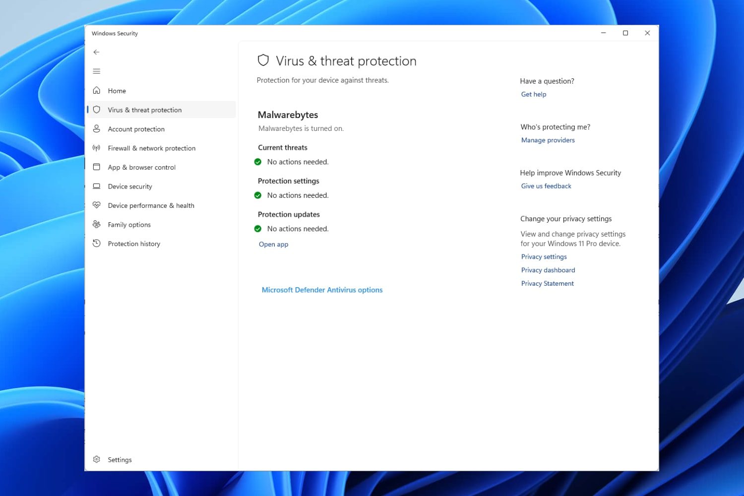 The Virus and threat protection screen in the Windows Security app in Windows 11.