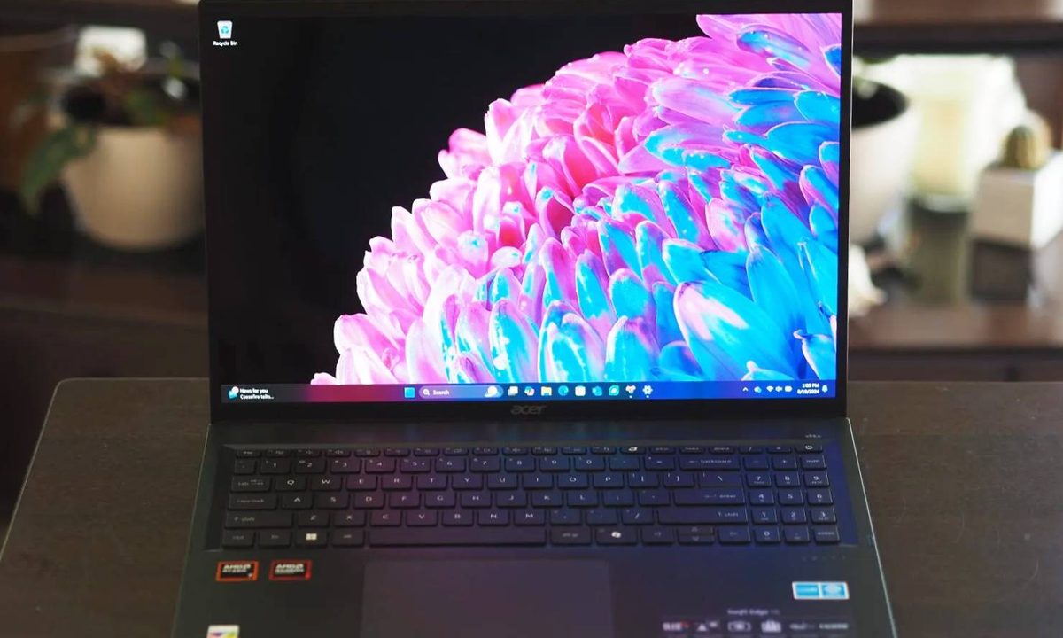 The Acer Swift Edge 16 open on a table.
