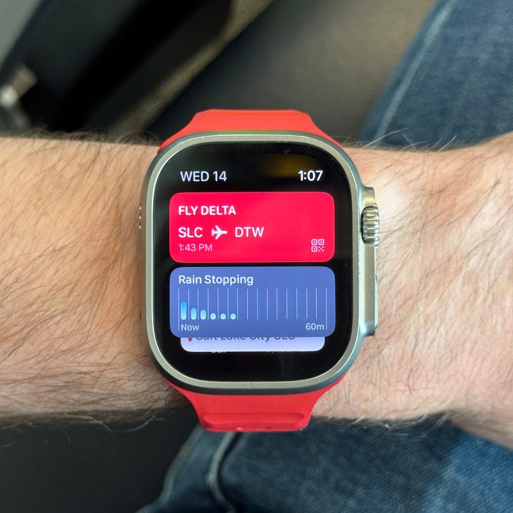 A boarding pass on an Apple Watch Ultra 2.