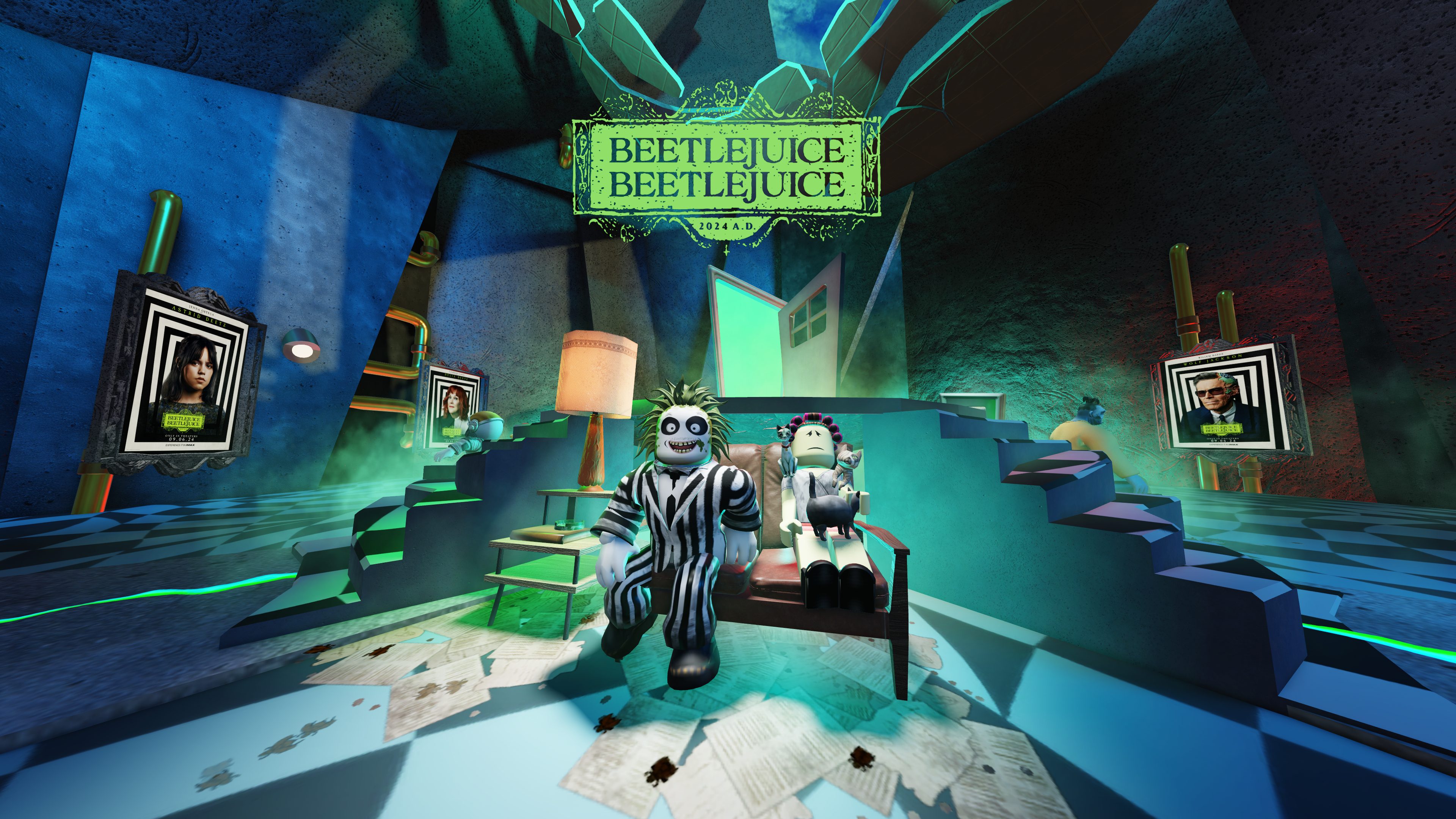 A Roblox-designed Beetlejuice sitting next to an old woman with a cat. There's a sign for Beetlejuice Beetlejuice above him, and live-action pictures of the cast are on the walls.