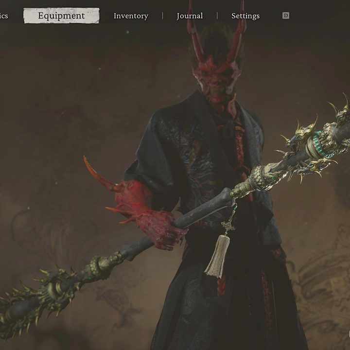 The image shows a menu where the player has the Spikeshaft Staff weapon equipped.