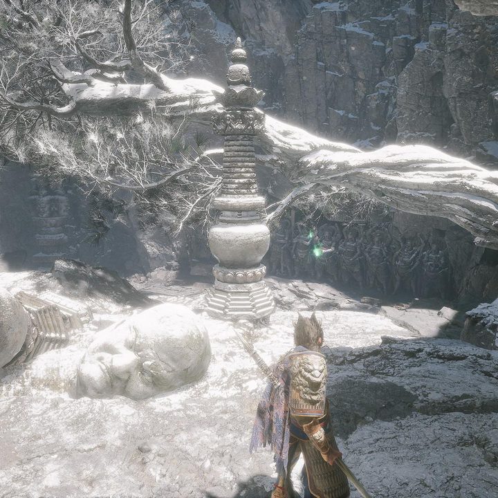 The image shows the player approaching a Skandha statue head.