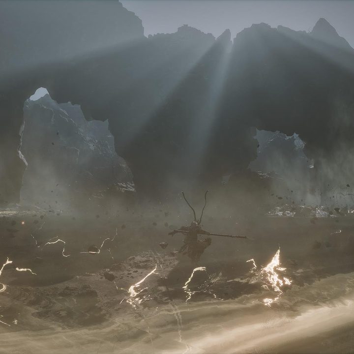 The image shows the player jumping above shockwaves created by the Giant Shigandang's blows.