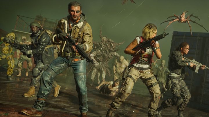 A bunch of characters standing around with guns getting attacked by flying giant bugs in Call of Duty's zombies mode