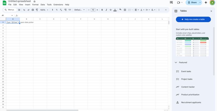 a blank Sheets spreadsheet with Gemini AI