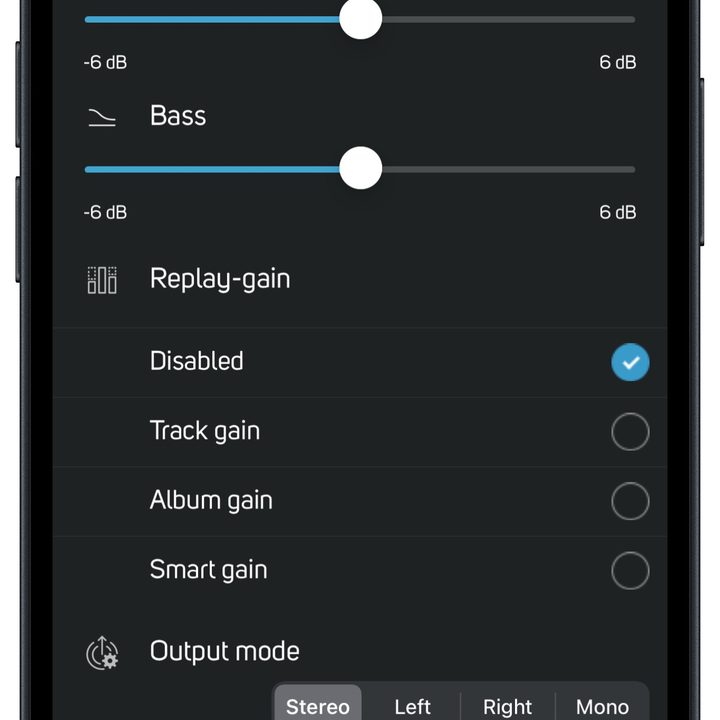 BluOS app on iOS: Node Nano sound settings with EQ.